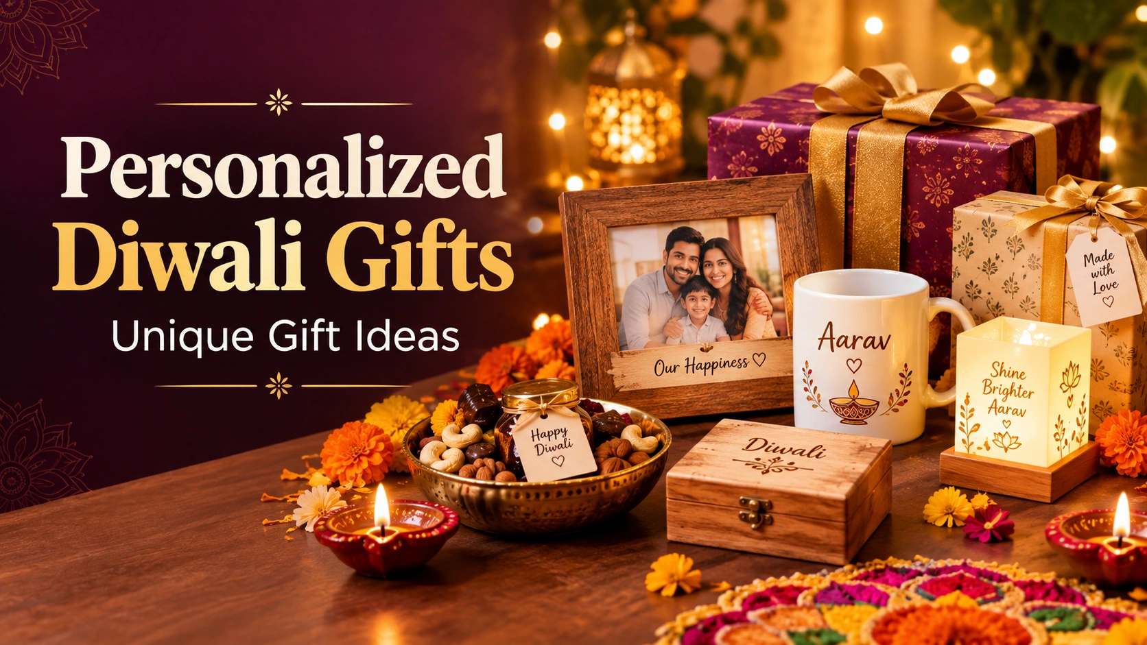 Personalized Diwali gifts and unique gift ideas with custom photo frame, mug, lamp and gift boxes